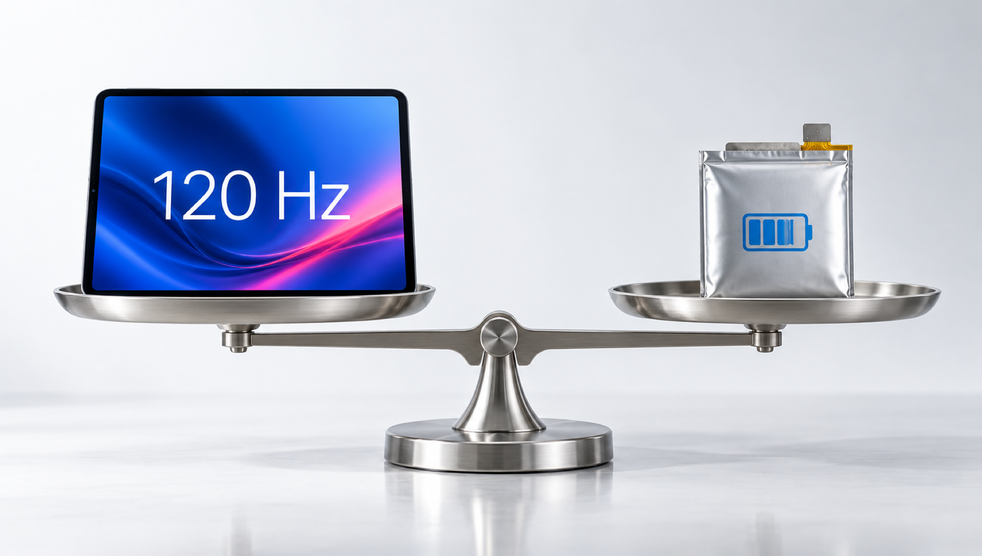 Eine ausbalancierte Waage trägt links ein Tablet mit der Aufschrift 120 Hz und rechts einen silbernen Akku.