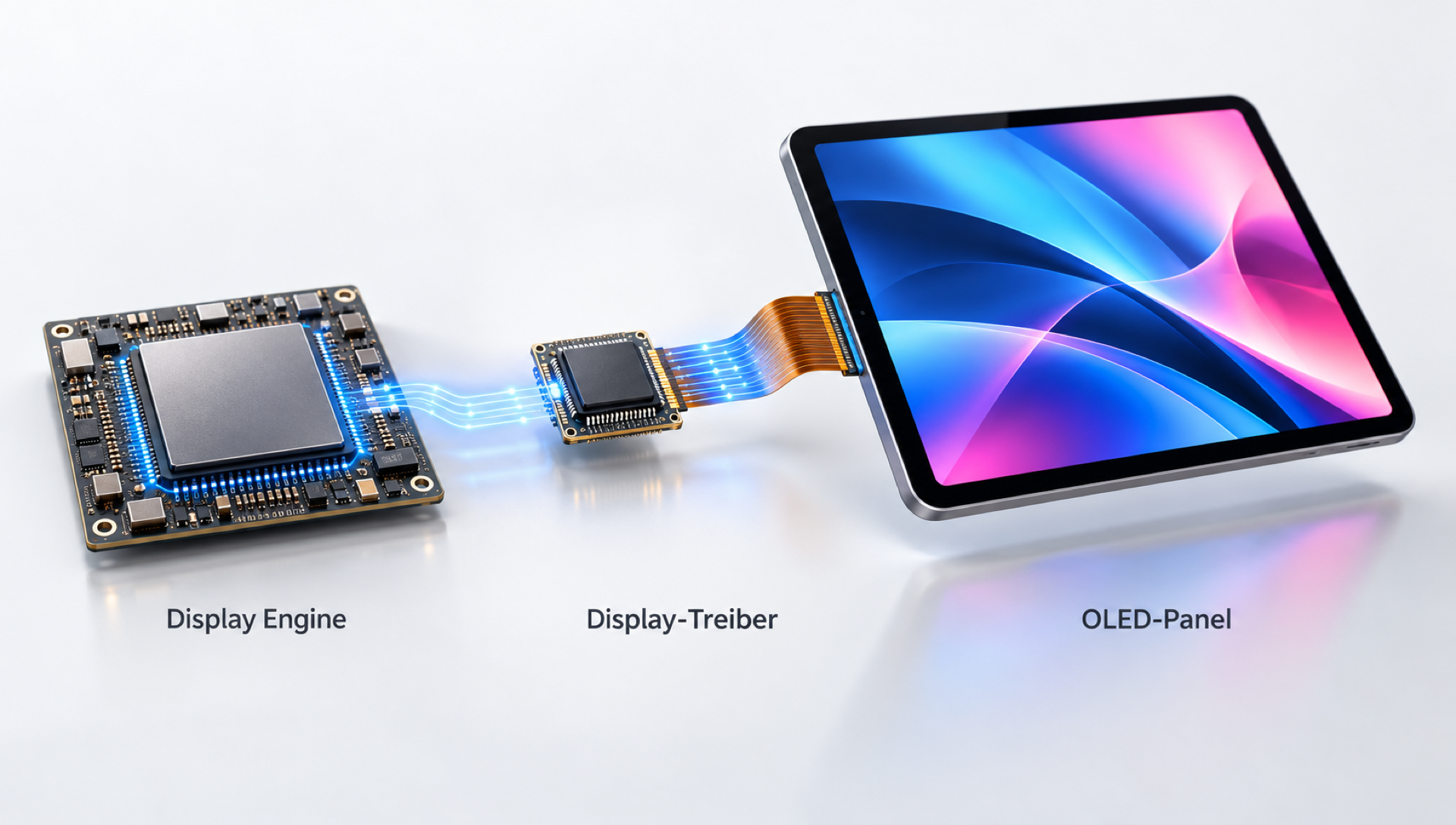 Konzeptdarstellung: Eine Display Engine, ein Display-Treiber und ein OLED-Panel sind als drei verbundene Stationen nebeneinander angeordnet.