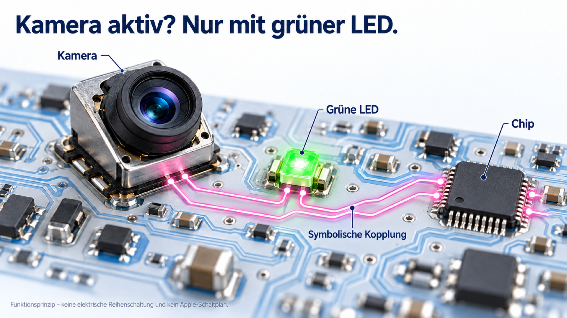 Fotorealistische Funktionsillustration mit Kamera links, grün leuchtender LED in der Mitte und Chip rechts. Pinke Verbindungslinien führen symbolisch über die LED zur Kamera. Die Grafik kennzeichnet den Verlauf als symbolische Kopplung.