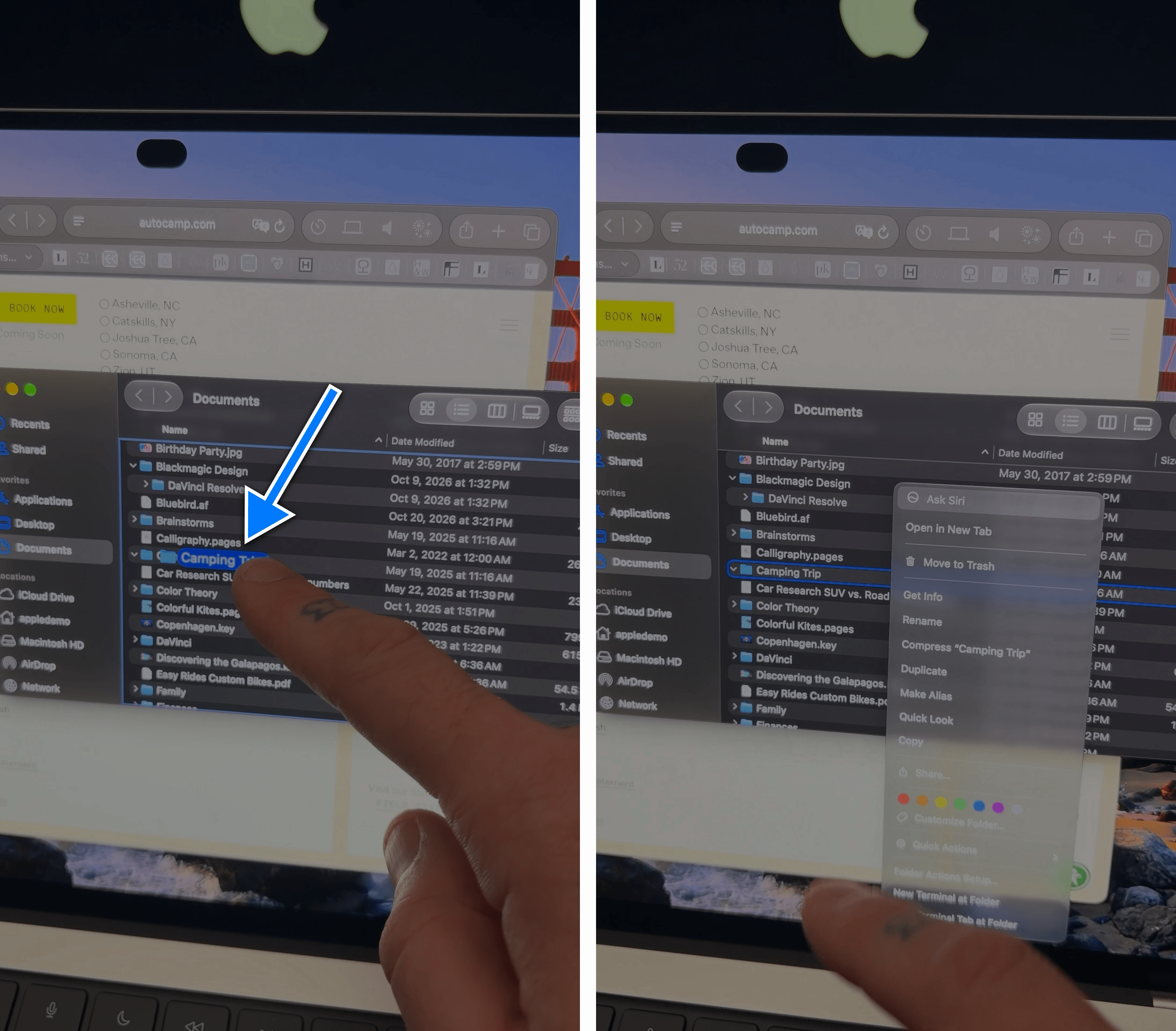 The selected item lifts on-screen when long-pressing in Finder (left) and the context menu is more spaced out when activated via touch (right).