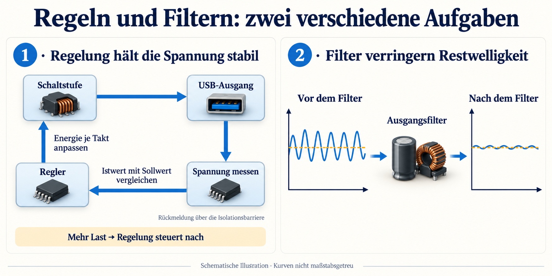 Links ein Regelkreis vom USB-Ausgang über Spannungsmessung und Regler zurück zur Schaltstufe. Rechts zwei Kurven: Nach einem Ausgangsfilter schwankt die Spannung weniger als davor.