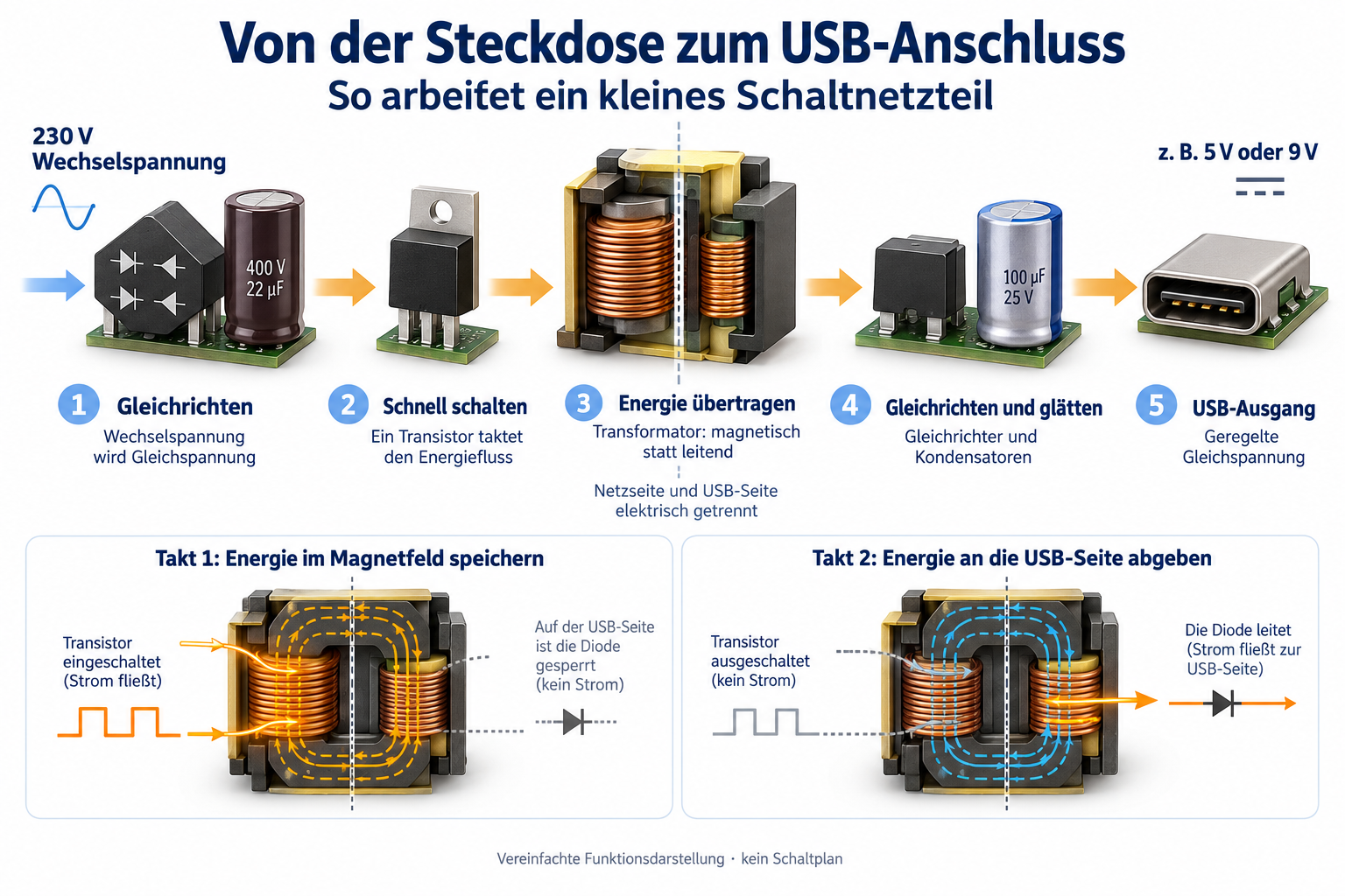 Fünf Stufen eines Schaltnetzteils: Gleichrichten, schnelles Schalten, magnetische Energieübertragung im Transformator, Gleichrichten und Glätten sowie USB-Ausgang. Zwei Detailbilder zeigen das Speichern und Abgeben der Energie.